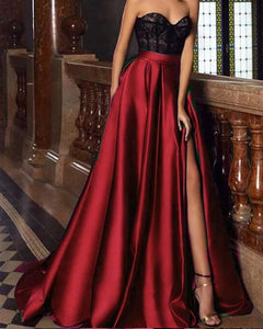 burgundy prom dresses with black lace ...